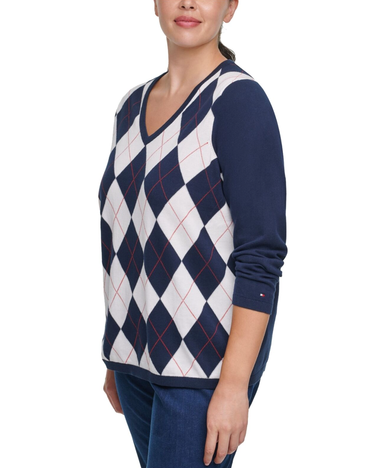 Suéter Tommy Hilfiger Plus Ivy Cotton Argyle Feminino Azul Tamanho 3 Extra Grande