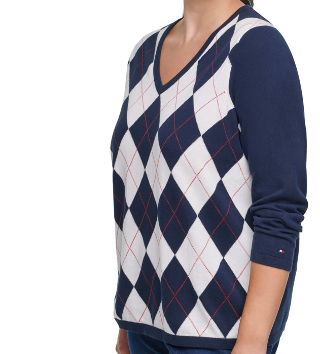 Suéter Tommy Hilfiger Plus Ivy Cotton Argyle Feminino Azul Tamanho 3 Extra Grande