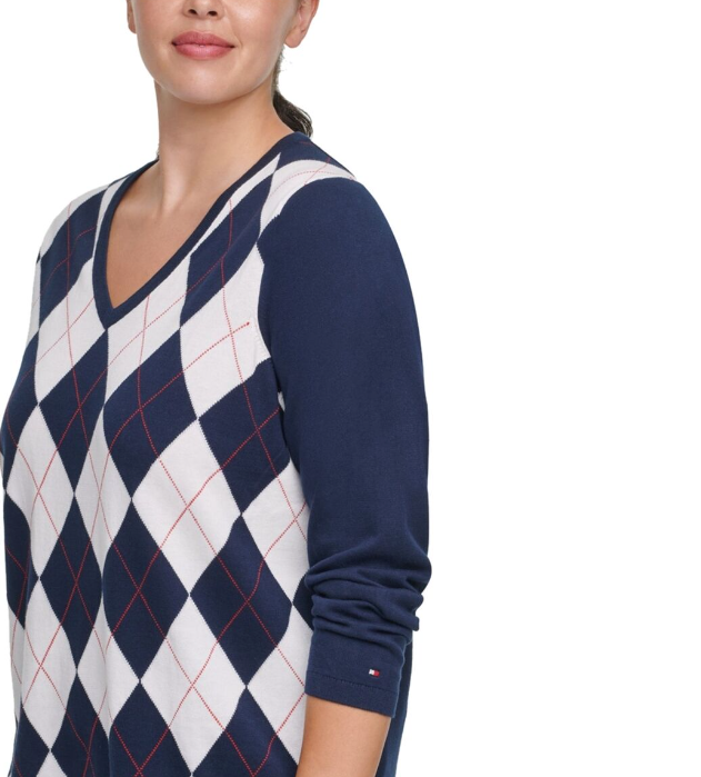 Suéter Tommy Hilfiger Plus Ivy Cotton Argyle Feminino Azul Tamanho 3 Extra Grande