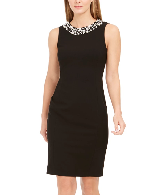 Vestido Calvin Klein Feminino com Acabamento em Pérolas Imitadas, Preto, Tamanho 4 Petite