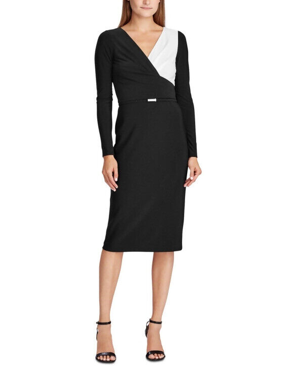 Vestido de festa feminino Ralph Lauren preto com zíper, manga comprida, decote em V abaixo do joelho, preto/branco, tamanho 8