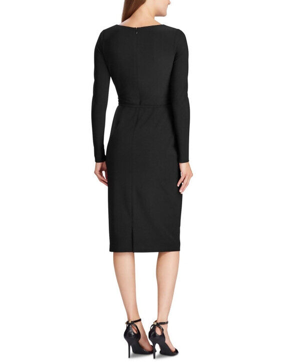 Vestido de festa feminino Ralph Lauren preto com zíper, manga comprida, decote em V abaixo do joelho, preto/branco, tamanho 8