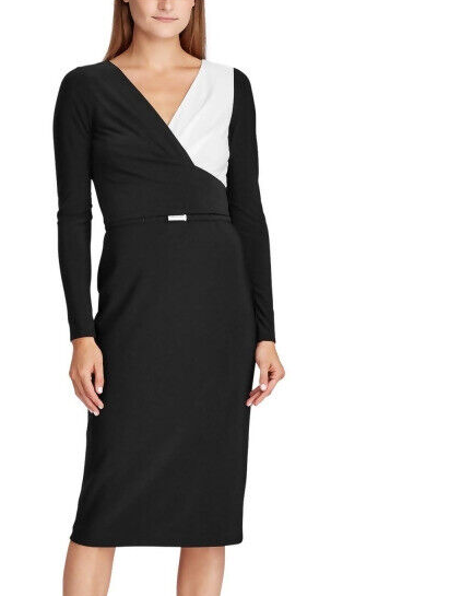 Vestido de festa feminino Ralph Lauren preto com zíper, manga comprida, decote em V abaixo do joelho, preto/branco, tamanho 8