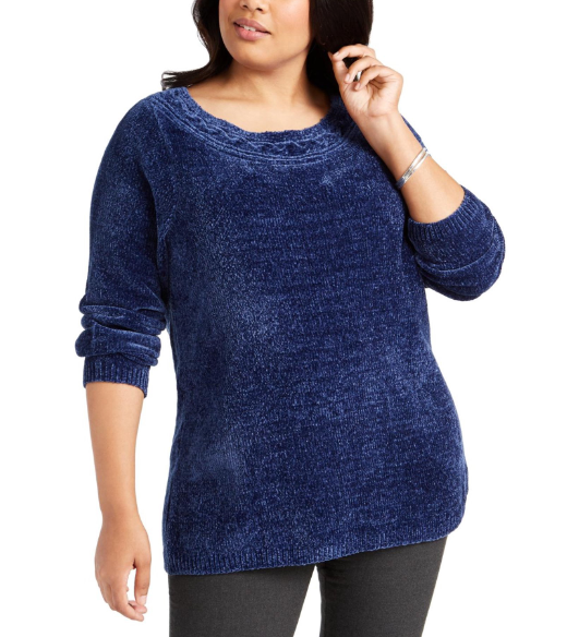 Karen Scott Suéter Feminino Gola Canoa Chenille Azul Tamanho 1X