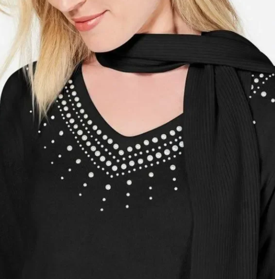 Karen Scott Suéter Feminino com Cachecol Enfeitado Preto Tamanho Médio
