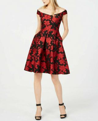 Vestido Calvin Klein Feminino Ombro a Ombro Brocado Floral Fit &amp; Flare Vermelho Tamanho 12