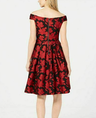 Vestido Calvin Klein Feminino Ombro a Ombro Brocado Floral Fit &amp; Flare Vermelho Tamanho 12