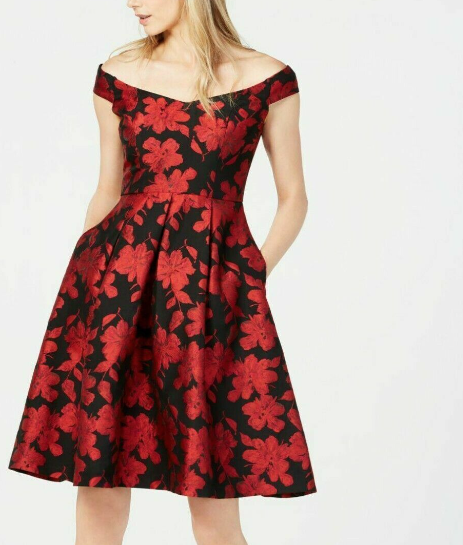 Vestido Calvin Klein Feminino Ombro a Ombro Brocado Floral Fit &amp; Flare Vermelho Tamanho 12