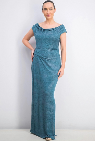 Connected Women's Cowlneck Metallic Slit Gown Green Size 8