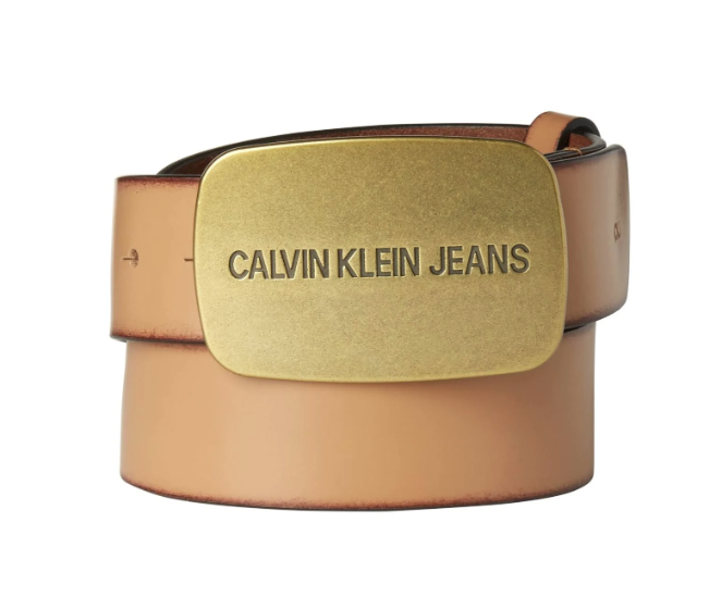 Cinto de couro com fivela de placa Calvin Klein Jeans masculino, marrom, tamanho 36