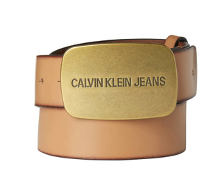Cinto de couro com fivela de placa Calvin Klein Jeans masculino, marrom, tamanho 36