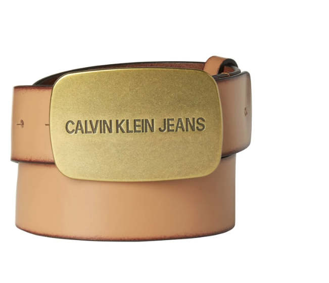 Cinto de couro com fivela de placa Calvin Klein Jeans masculino, marrom, tamanho 36