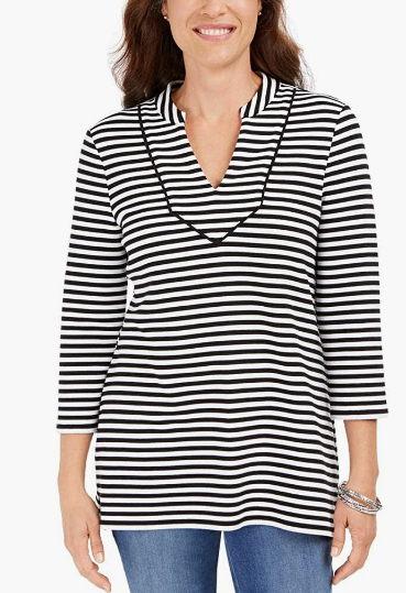 Blusa feminina listrada Charter Club com manga 3/4, preta, tamanho médio