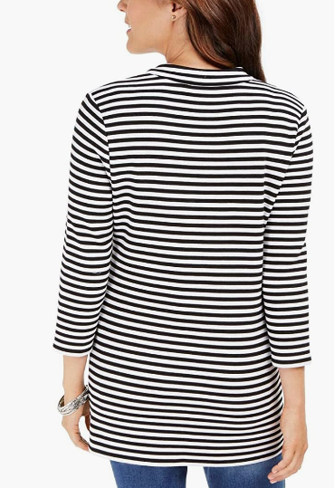 Blusa feminina listrada Charter Club com manga 3/4, preta, tamanho médio