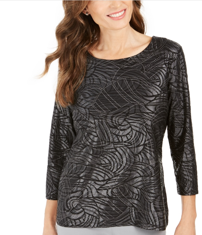 JM Collection Top Feminino Estampado em Jacquard Metálico Preto Tamanho Pequeno Extra Grande