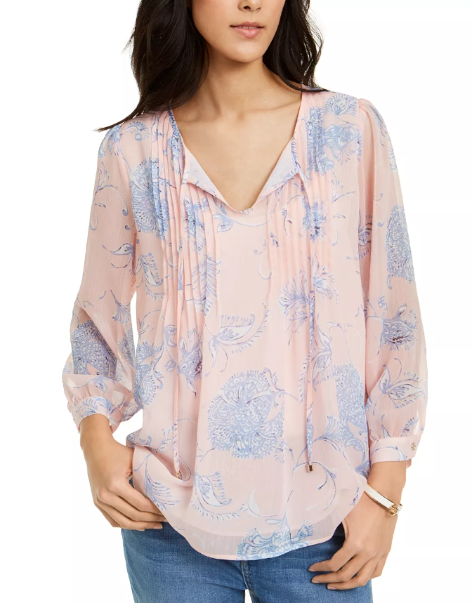 Blusa Tommy Hilfiger Feminina Estampa Floral Pintucked Rosa Tamanho Médio