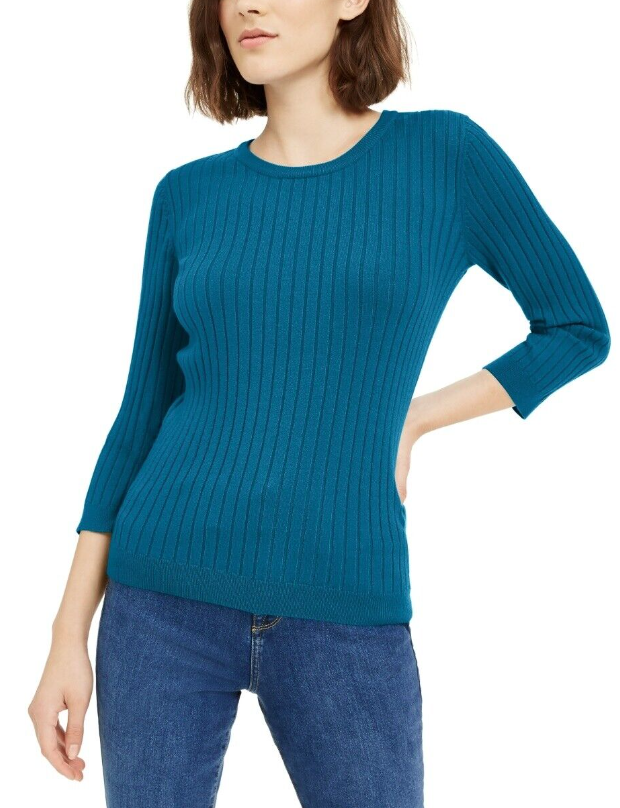 Suéter feminino Maison Jules com gola redonda canelada, verde, tamanho grande