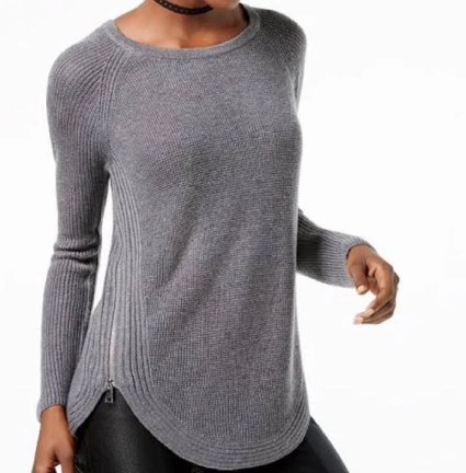 Suéter túnica feminino de malha waffle com zíper lateral, tamanho pequeno, cinza, P/M, da INC International Concepts
