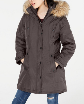 Parka com capuz Madden Girl Junior com acabamento em pele sintética, cinza, tamanho médio