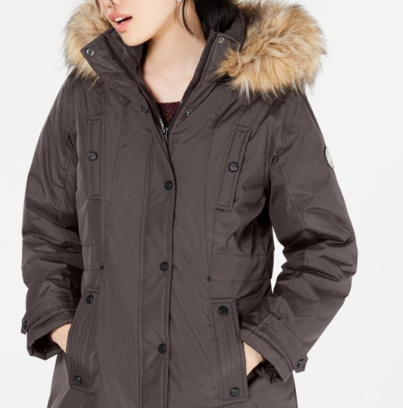 Parka com capuz Madden Girl Junior com acabamento em pele sintética, cinza, tamanho médio