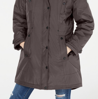 Parka com capuz Madden Girl Junior com acabamento em pele sintética, cinza, tamanho médio