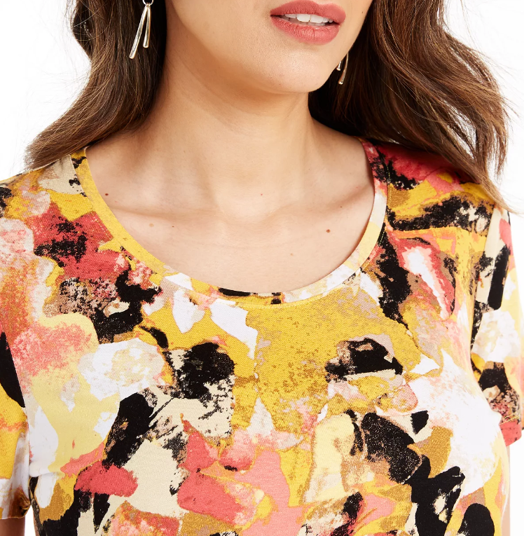 JM Women's Collection Top de damasco com decote redondo, preto, tamanho médio