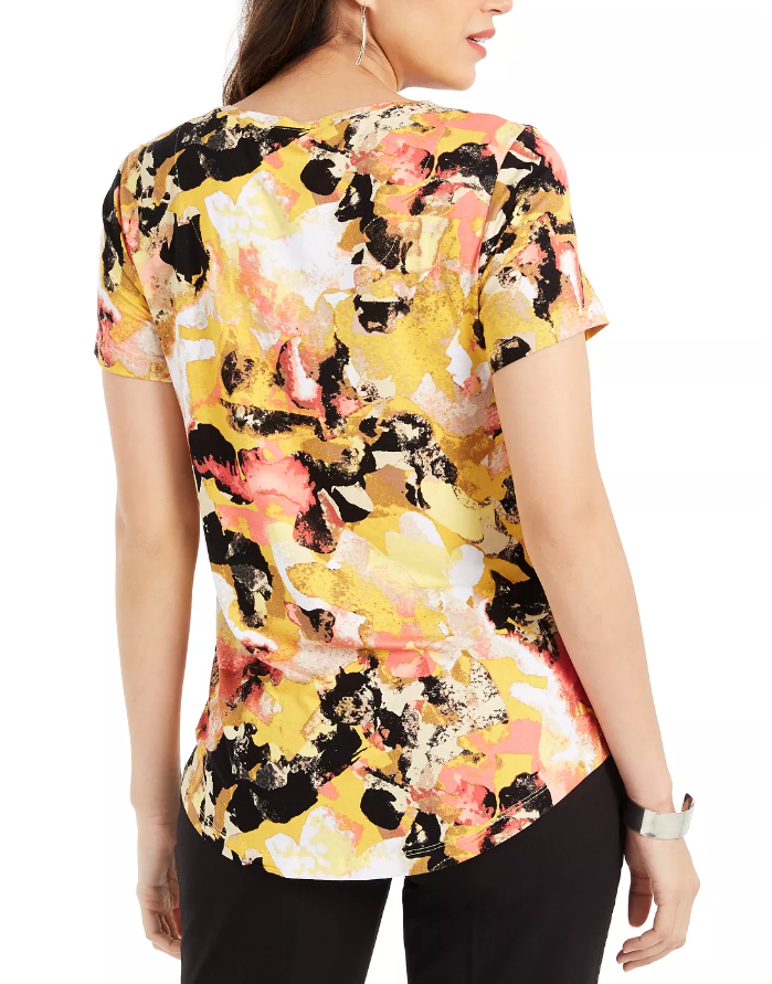 JM Women's Collection Top de damasco com decote redondo, preto, tamanho médio