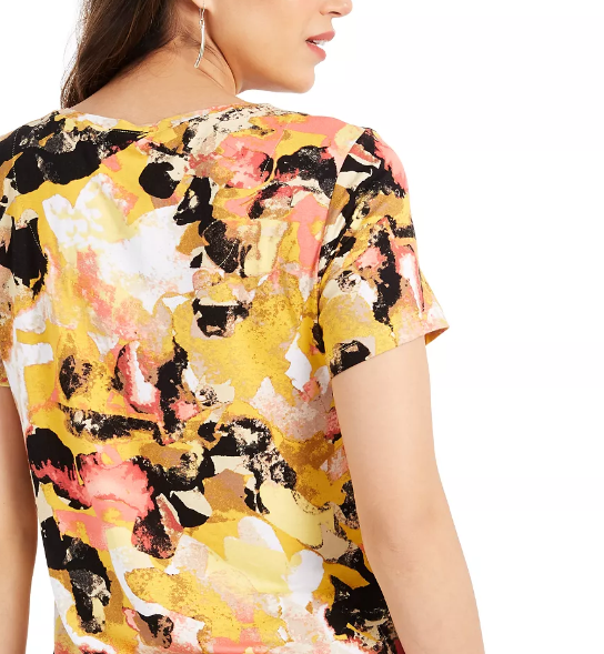 JM Women's Collection Top de damasco com decote redondo, preto, tamanho médio