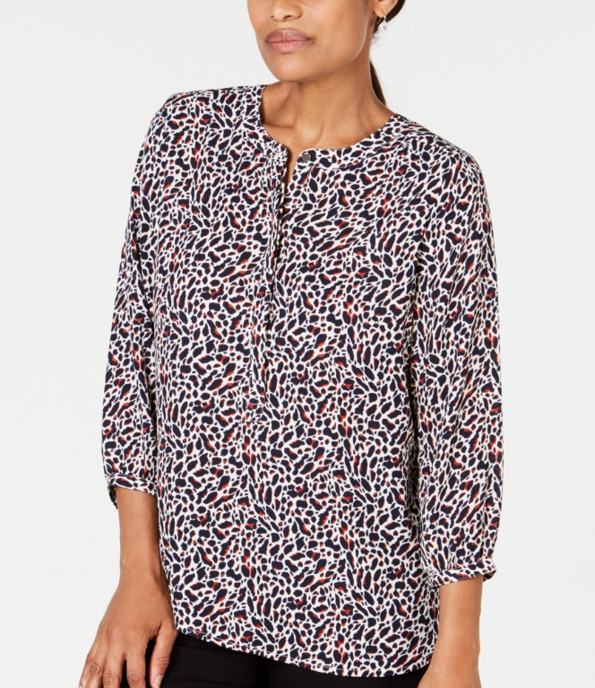 JM Collection Top feminino estampado com pregas nas costas, branco, tamanho pequeno grande