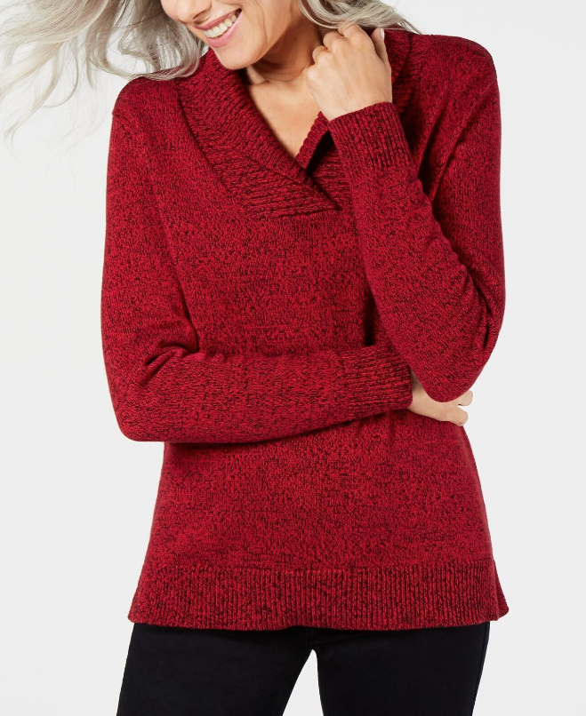 Karen Scott Suéter Feminino de Algodão Marmorizado com Gola Xale Vermelho Brilhante Tamanho Médio