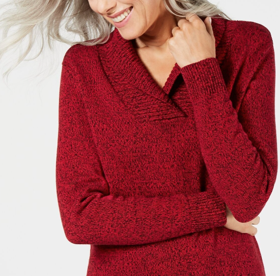 Karen Scott Suéter Feminino de Algodão Marmorizado com Gola Xale Vermelho Brilhante Tamanho Médio