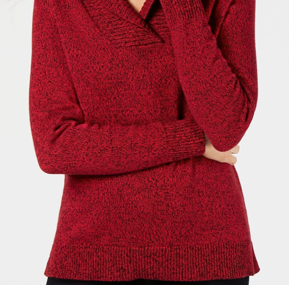 Karen Scott Suéter Feminino de Algodão Marmorizado com Gola Xale Vermelho Brilhante Tamanho Médio