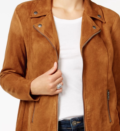 Jaqueta de motociclista feminina Style &amp; Co em camurça sintética marrom, tamanho extragrande