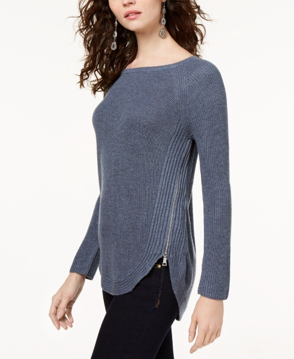 Suéter túnica feminino de malha waffle com zíper lateral, azul, tamanho pequeno P/M da INC International Concepts