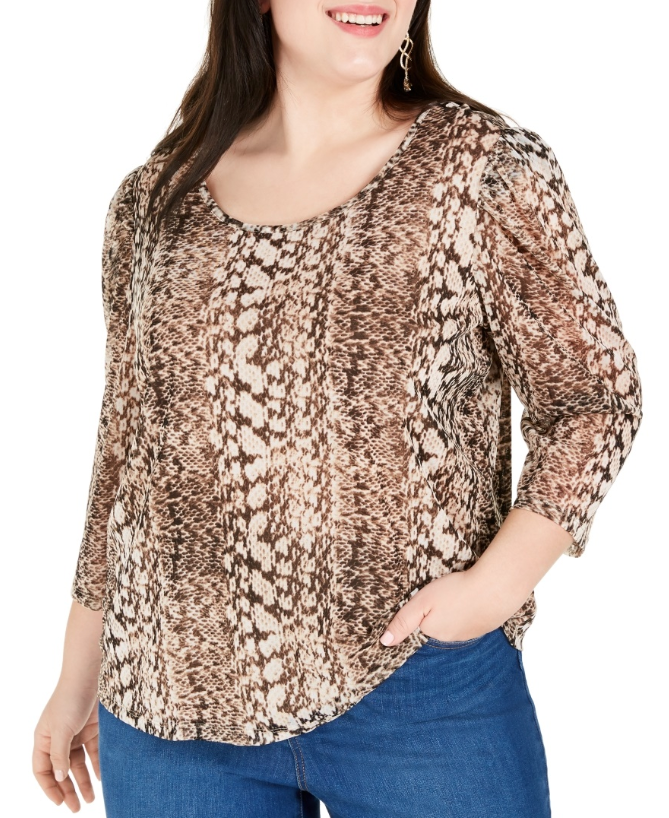 Blusa feminina plus size estampada com manga 3/4, marrom, tamanho 0X, da INC International Concepts