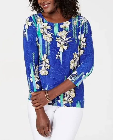 Blusa feminina estampada em jacquard, azul, tamanho pequeno, P/M, da coleção JM