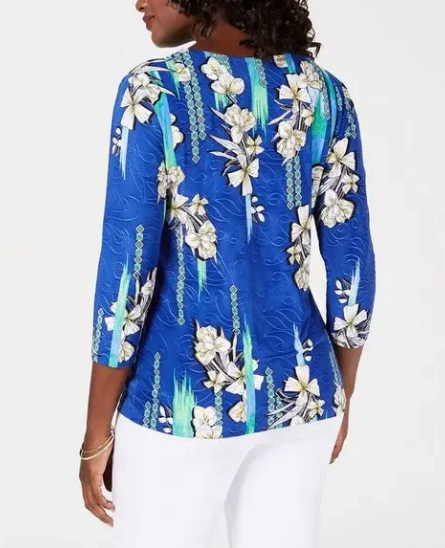 Blusa feminina estampada em jacquard, azul, tamanho pequeno, P/M, da coleção JM