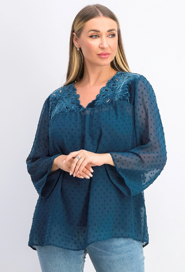 Blusa feminina de manga transparente com estampa de mídia mista, tamanho grande, verde, estilo &amp; co