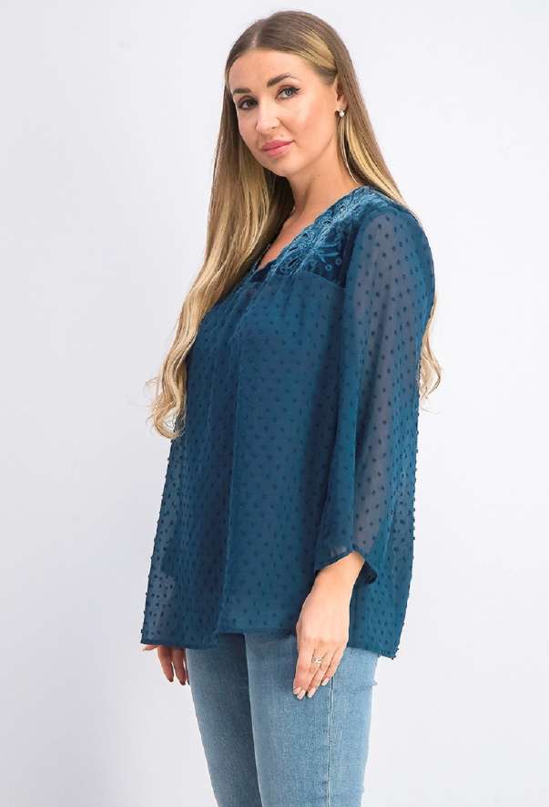 Blusa feminina de manga transparente com estampa de mídia mista, tamanho grande, verde, estilo &amp; co