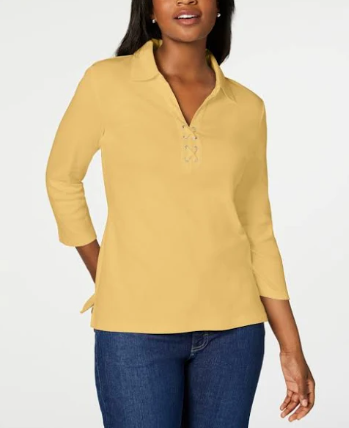 Camisa feminina Karen Scott de algodão com cadarço, amarela, tamanho pequeno