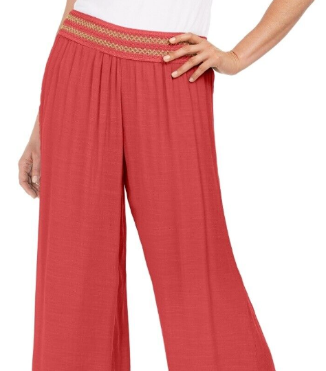 Calça feminina de gaze com detalhe metálico e perna larga, tamanho grande, laranja, da coleção JM