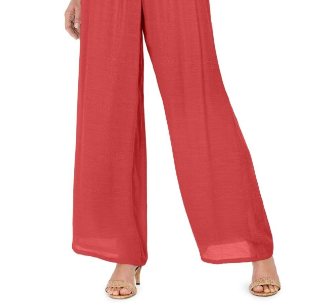 Calça feminina de gaze com detalhe metálico e perna larga, tamanho grande, laranja, da coleção JM