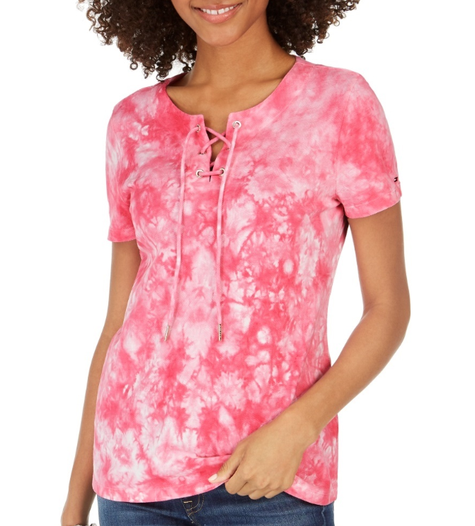 Camiseta Tommy Hilfiger Feminina de Algodão com Cadarço e Tie-Dynamic Rosa Tamanho X-G