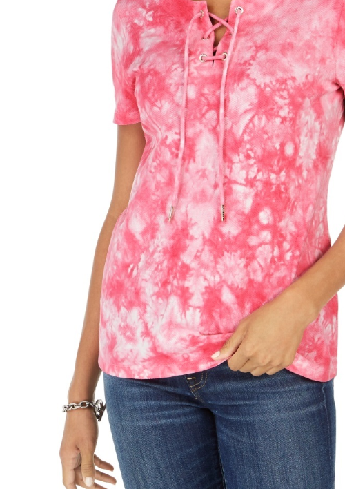 Camiseta Tommy Hilfiger Feminina de Algodão com Cadarço e Tie-Dynamic Rosa Tamanho X-G
