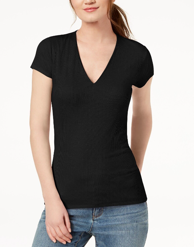 INC International Concepts Top feminino canelado com decote em V, preto, tamanho pequeno, extra grande