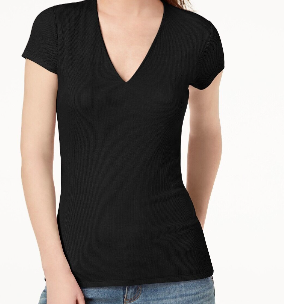 INC International Concepts Top feminino canelado com decote em V, preto, tamanho pequeno, extra grande