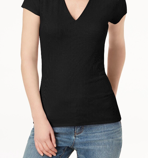 INC International Concepts Top feminino canelado com decote em V, preto, tamanho pequeno, extra grande