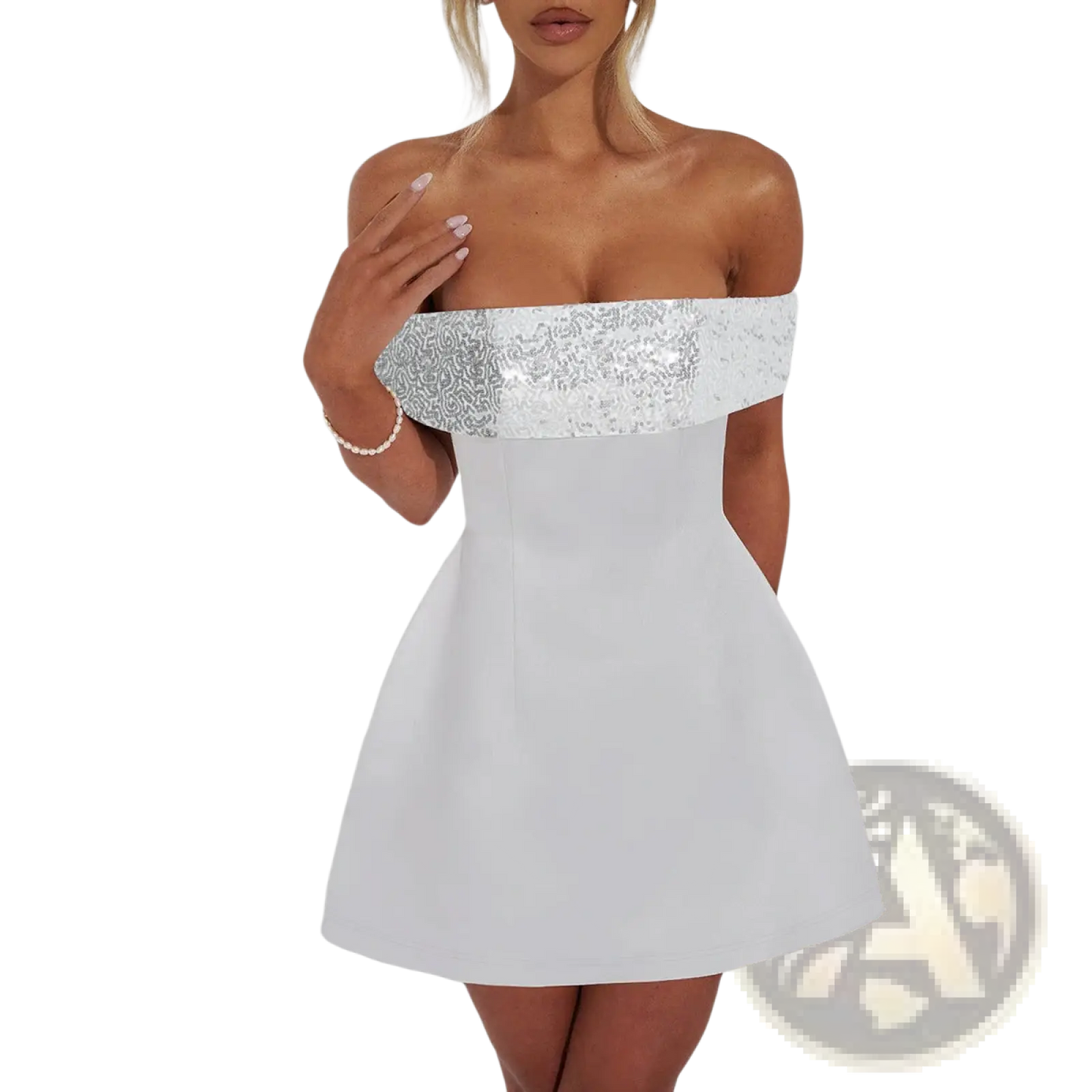Sequined Off-the-shoulder White Bodycon Mini Dress