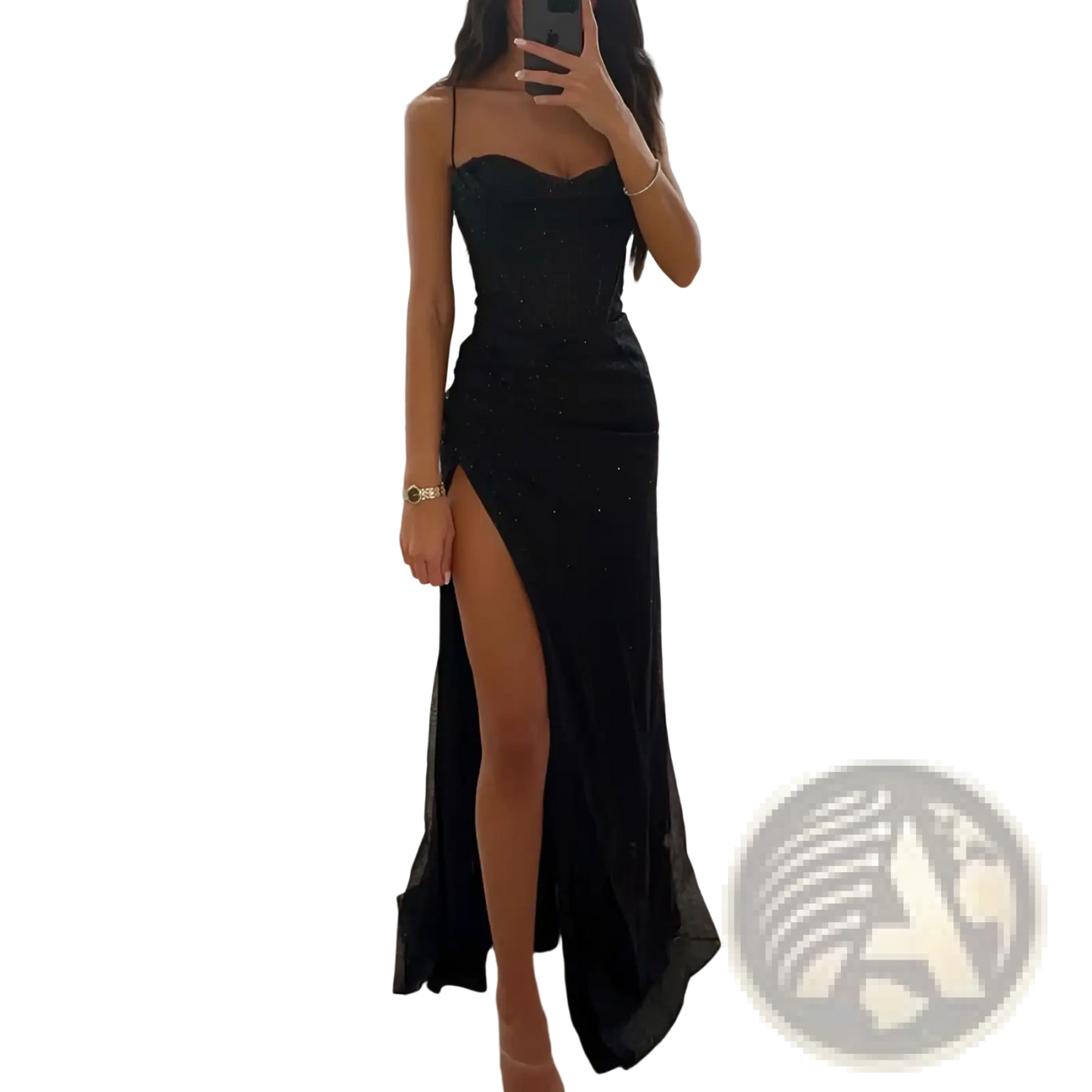 Sequined v Neck High Slit Evening Gown