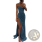 Sequined v Neck High Slit Evening Gown